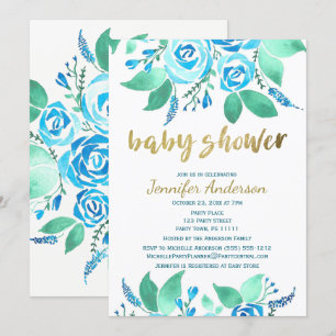 Elegant Floral Blue Rose Watercolor Baby Shower Invitation