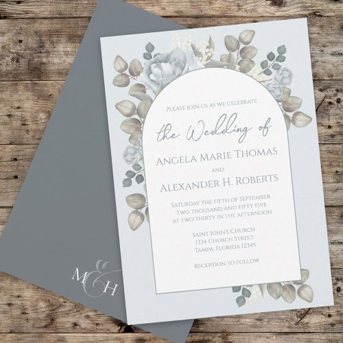 Elegant Floral Blue Stylish Trendy Arch Watercolor Invitation