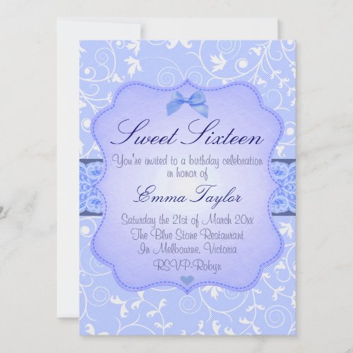 Elegant Floral Blue Sweet16 Birthday Invitation