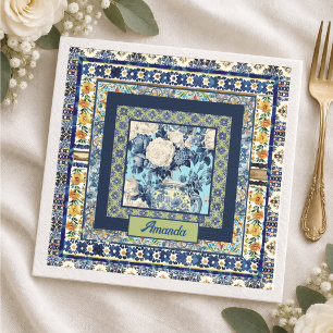 Elegant floral blue tile chinoiserie monogram note napkins