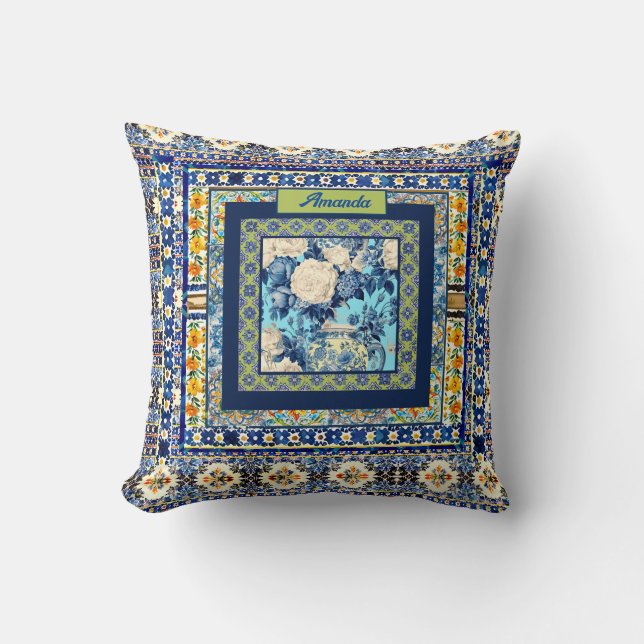 Elegant floral blue tile chinoiserie monogram note throw pillow (Front)