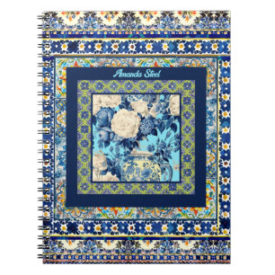 Elegant floral blue tile chinoiserie monogram notebook