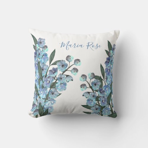 Elegant Floral Blue Watercolor Garden Delphinium  Throw Pillow