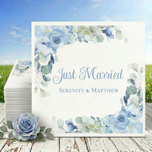 Elegant Floral Blue Watercolor Roses Just Married  Napkins