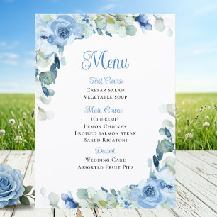 Elegant Floral Blue Watercolor Roses Wedding Menu