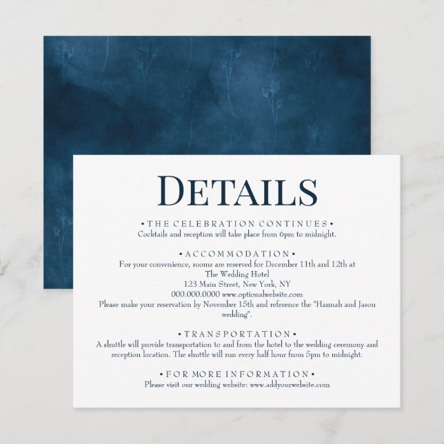 Elegant Floral Blue Watercolor Wedding Details Enclosure Card (Front/Back)