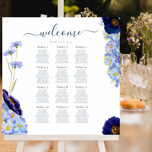 Elegant Floral Blue Wedding 12 Table Seating Chart Foam Board (Elegant blue summer floral wedding reception table seating chart board with stylish typography )