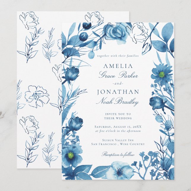 Elegant Floral Blue Wedding Invitation (Front/Back)
