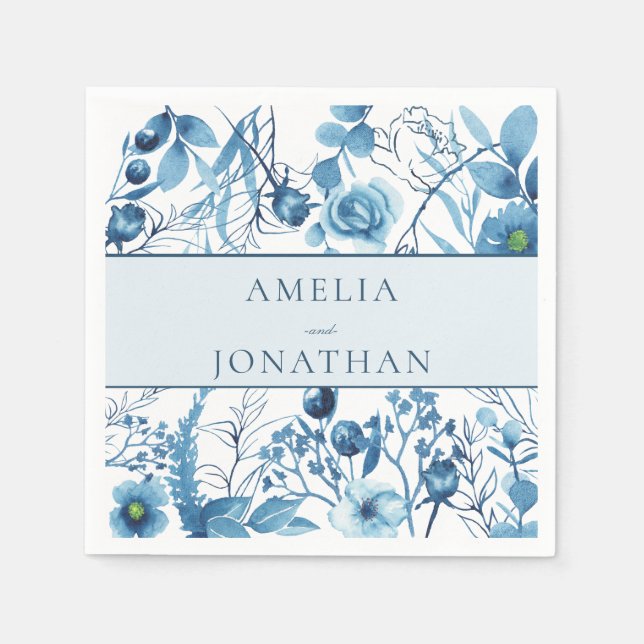 Elegant Floral Blue Wedding Napkins (Front)