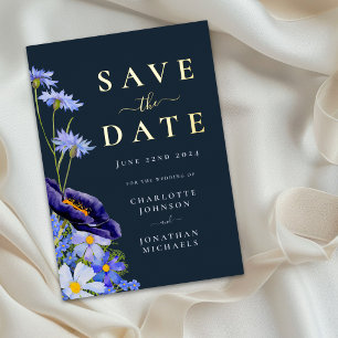 Elegant Floral Blue Wedding Save The Date Gold Foil Invitation