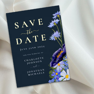 Elegant Floral Blue Wedding Save the Date Gold Foil Invitation