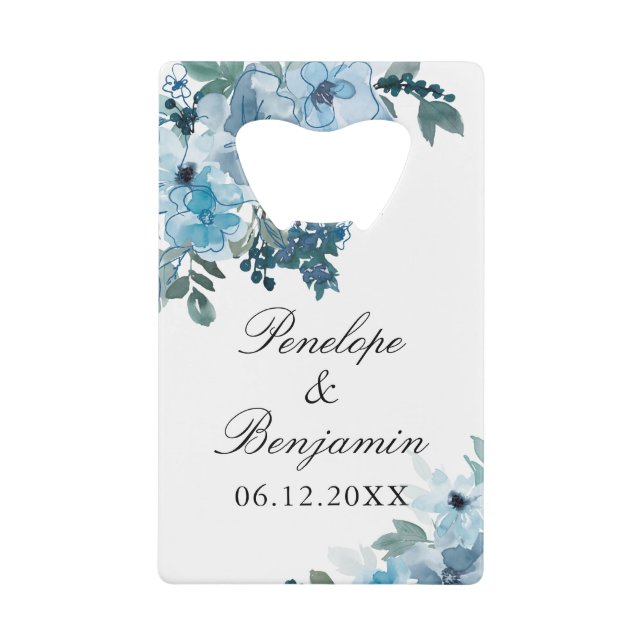 Elegant Floral Blue Wedding Thank You Favors Credit Card Bottle Opener (Front)