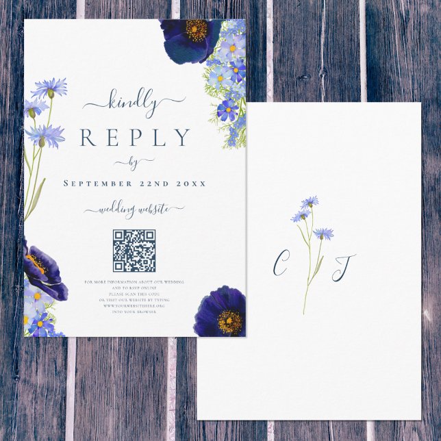 Elegant Floral Blue Wedding Website Reply QR Code RSVP Card (Creator Uploaded)