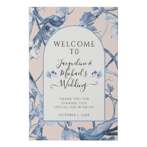 Elegant Floral Blue White and Pink Welcome Wedding Faux Canvas Print