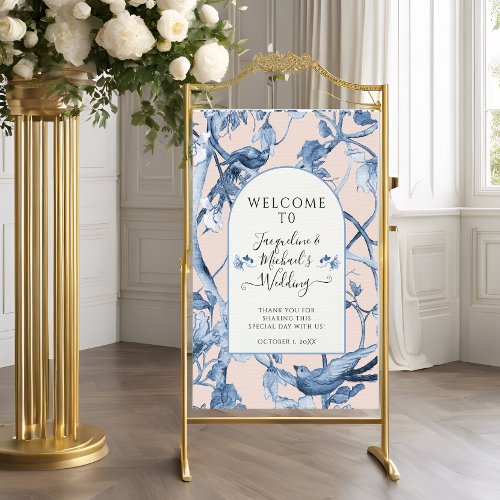 Elegant Floral Blue White and Pink Welcome Wedding Faux Canvas Print