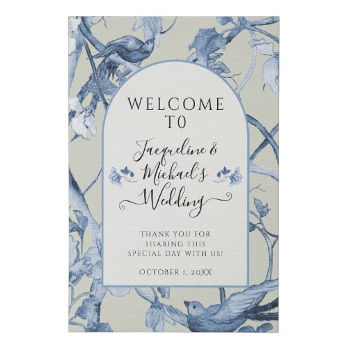 Elegant Floral Blue White and Sage Welcome Wedding Faux Canvas Print