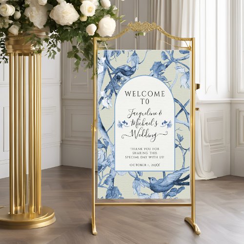 Elegant Floral Blue White and Sage Welcome Wedding Faux Canvas Print