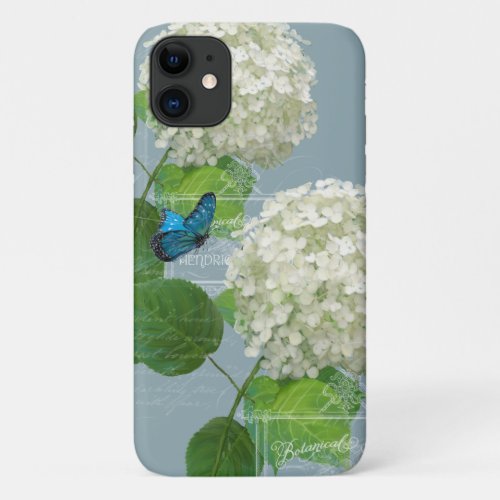 Elegant Floral Blue White Hydrangea Butterfly iPhone 11 Case