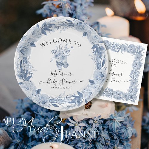 Elegant Floral Blue White Welcome Baby Girl Shower Paper Plates