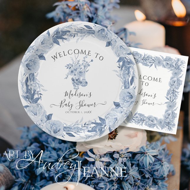 Elegant Floral Blue White Welcome Baby Girl Shower Paper Plates (Creator Uploaded)