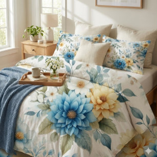 Elegant  Floral Blue Yellow  Duvet Cover