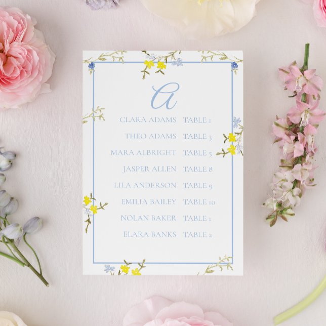 Elegant Floral Blue & Yellow Wedding Seating Card (Creator Uploaded)