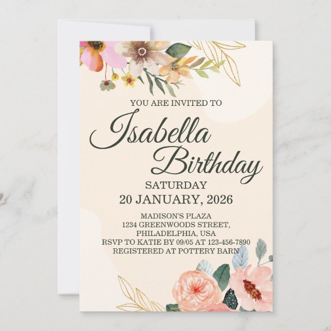 Elegant Floral – Blush and Peach Watercolor Flower Invitation (Front)