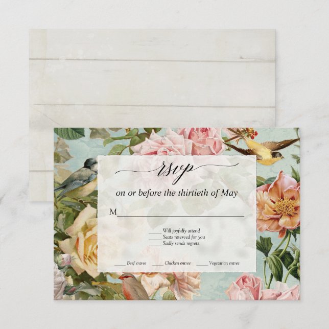 Elegant Floral Blush Aqua Roses Rustic Wood RSVP (Front/Back)