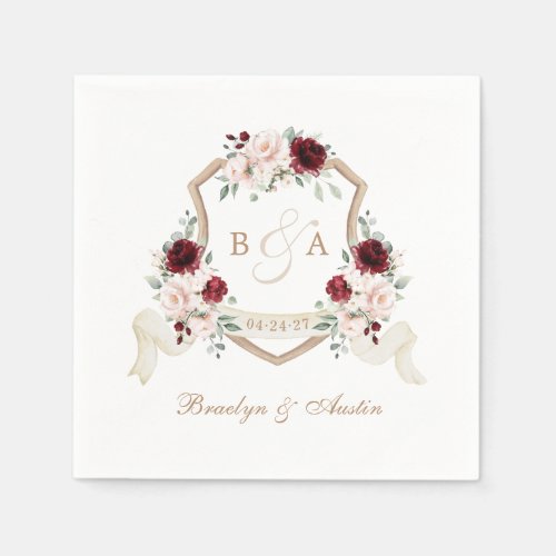 Elegant Floral Blush Burgundy Crest Wedding Napkins