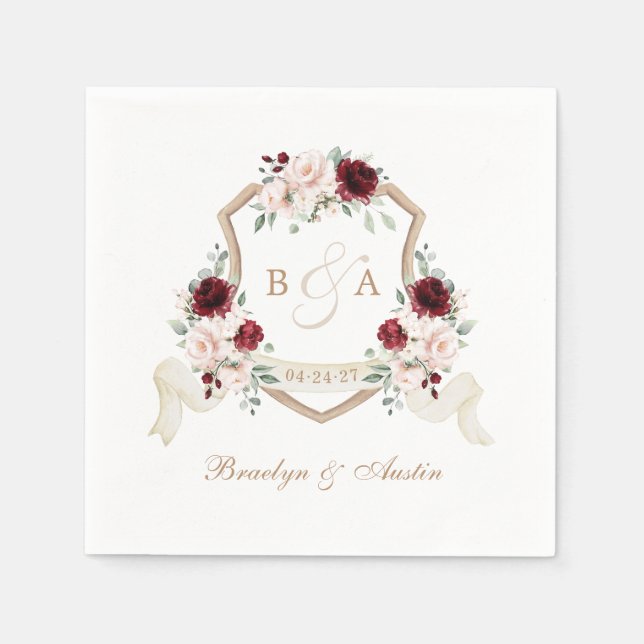 Elegant Floral Blush Burgundy Crest Wedding Napkins (Front)