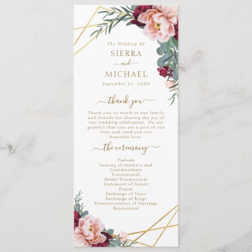 Elegant Floral Blush Burgundy Gold Wedding Program