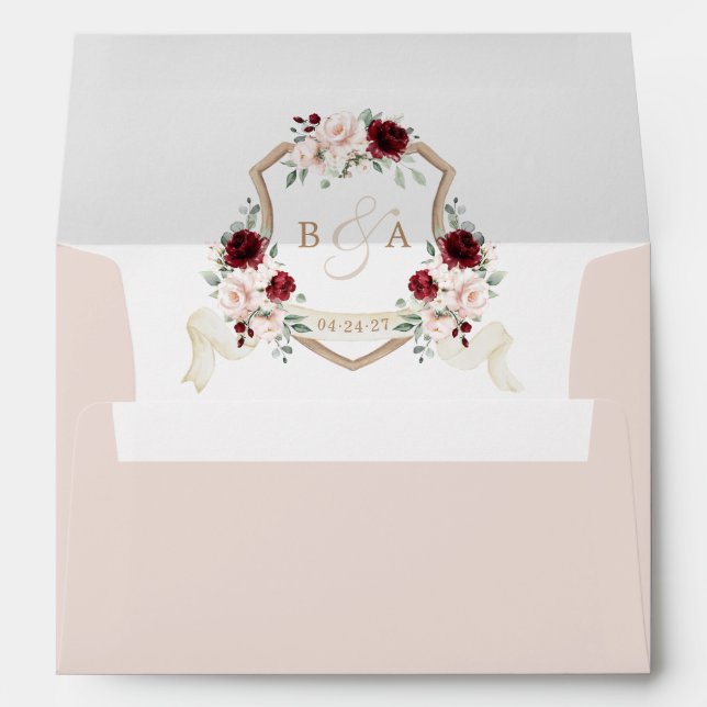 Elegant Floral Blush Burgundy Wedding Crest Envelope (Back (Bottom))
