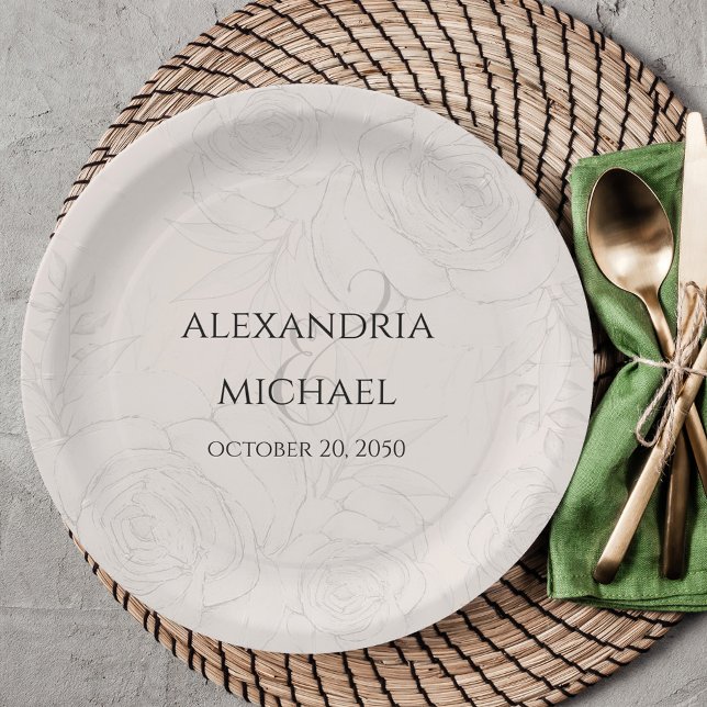 Elegant Floral Blush Calligraphy Script Simple  Paper Plates (Elegant blush floral paper plate with calligraphy script ampersand. )