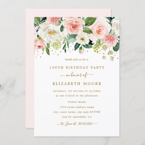 Elegant Floral Blush Gold 100th Birthday Invitation