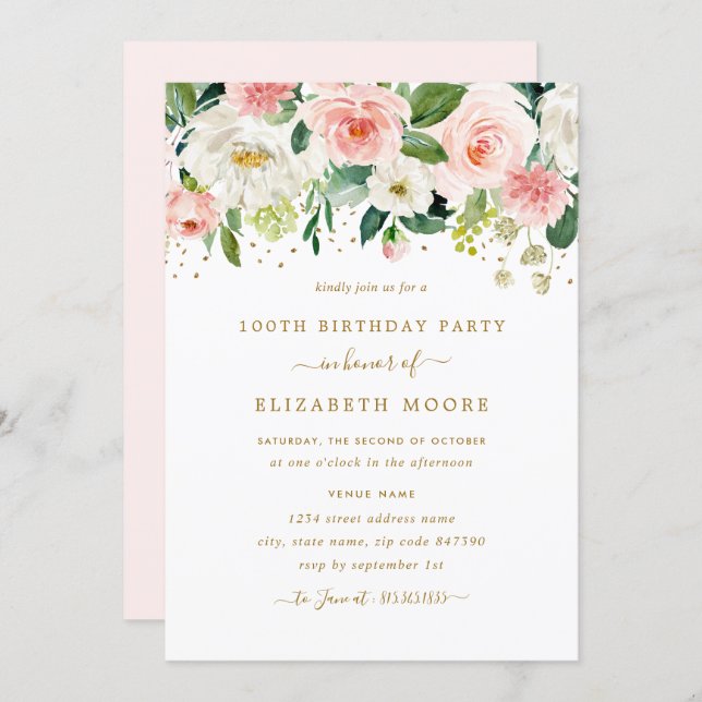 Elegant Floral Blush Gold 100th Birthday Invitation (Front/Back)