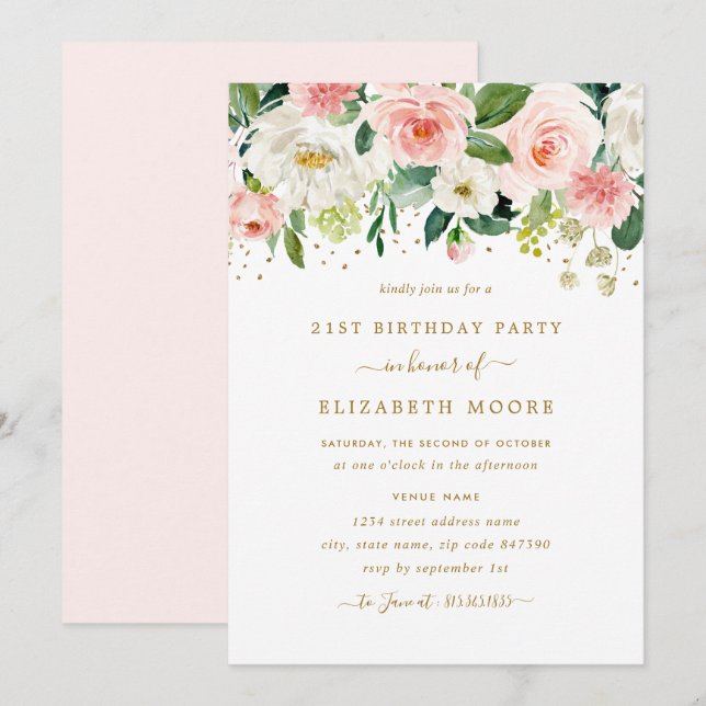 Elegant Floral Blush Gold 21st Birthday Invitation (Front/Back)