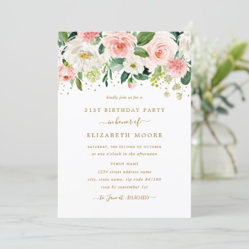 Elegant Floral Blush Gold 21st Birthday Invitation 