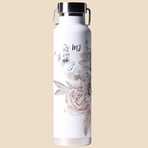 Elegant Floral Blush Gray Monogram Initials Water Bottle