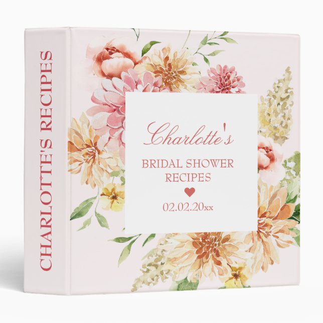  Elegant Floral Blush Peach Bridal Shower Recipe 3 Ring Binder (Front/Spine)