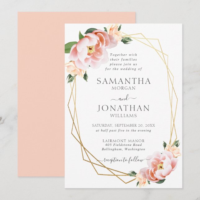 Elegant Floral Blush Peach Gold Geometric Wedding Invitation (Front/Back)