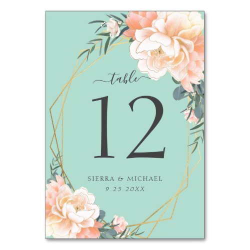 Elegant Floral Blush Peach Mint Green Gold Wedding Table Number