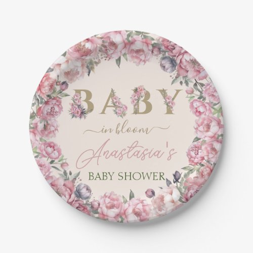Elegant Floral Blush Peonies in Bloom Baby Shower Paper Plates