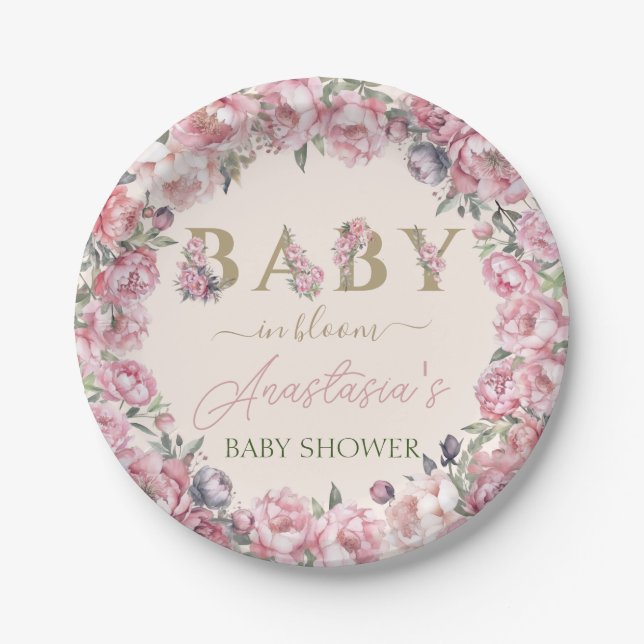 Elegant Floral Blush Peonies in Bloom Baby Shower Paper Plates (Front)