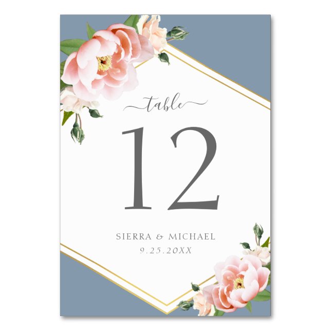Elegant Floral Blush Peony Gold Dusty Blue Wedding Table Number (Front)