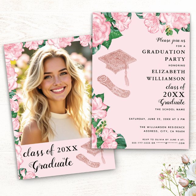 Elegant Floral Blush Pink and Rose Gold Graduation Invitation (Creator Uploaded)