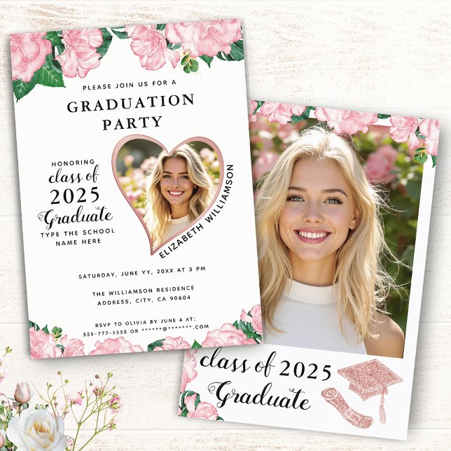 Elegant Floral Blush Pink and White Graduation Invitation (Creator Uploaded)