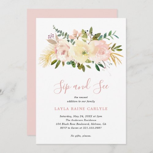 Elegant Floral Blush Pink Baby Girl Sip and See Invitation
