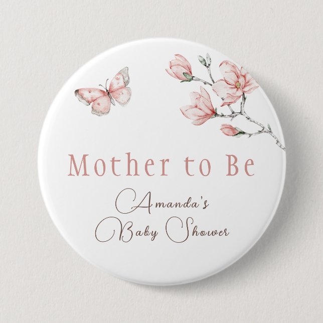 Elegant Floral Blush Pink Butterfly Baby Shower  Button (Front)