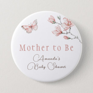 Elegant Floral Blush Pink Butterfly Baby Shower  Button