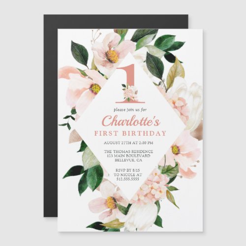 Elegant Floral Blush Pink First Birthday Magnetic Invitation